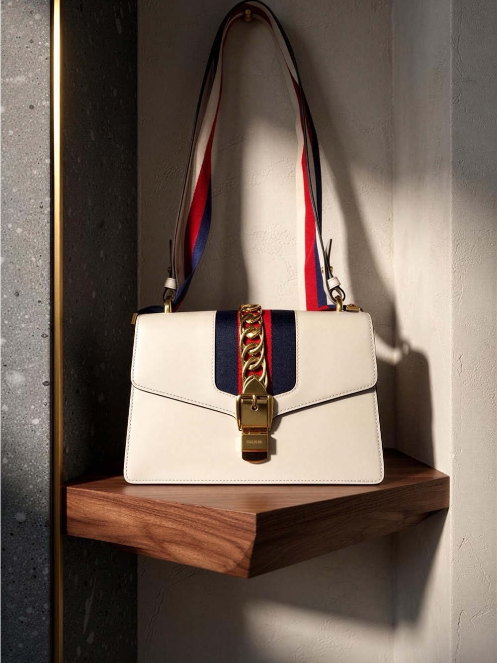 Gucci Sylvie White Leather Shoulder Bag with Red & Navy Stripe and Gold Chain
